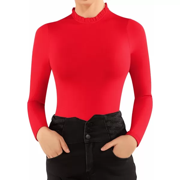 MANGOPOP Womens Long Sleeve Body Suits Womens Ruffle Crew Neck Bodysuit Tops for Women Fitted Going Out Body Suit ShirtsRed