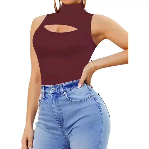 MANGOPOP Womens Mock Neck Cutout Front Sleeveless Tank Top Bodysuit for Women for Going OutSleeveless Burgundy