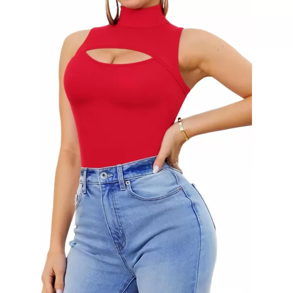 MANGOPOP Womens Mock Neck Cutout Front Sleeveless Tank Top Bodysuit for Women for Going OutSleeveless Red