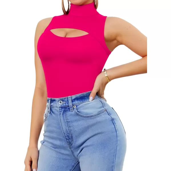 MANGOPOP Womens Mock Neck Cutout Front Sleeveless Tank Top Bodysuit for Women for Going OutSleeveless Rose Pink