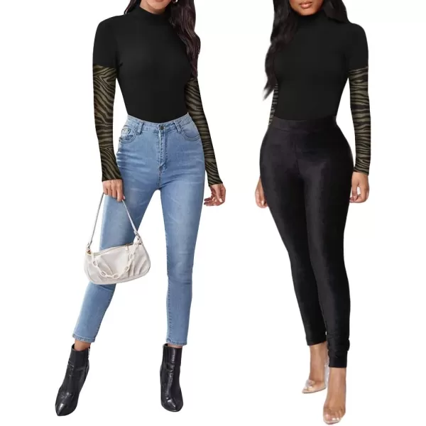 MANGOPOP Womens Mock Turtle Neck Long Sleeve Tops Bodysuit JumpsuitC 1patchwork Mesh Sleeve