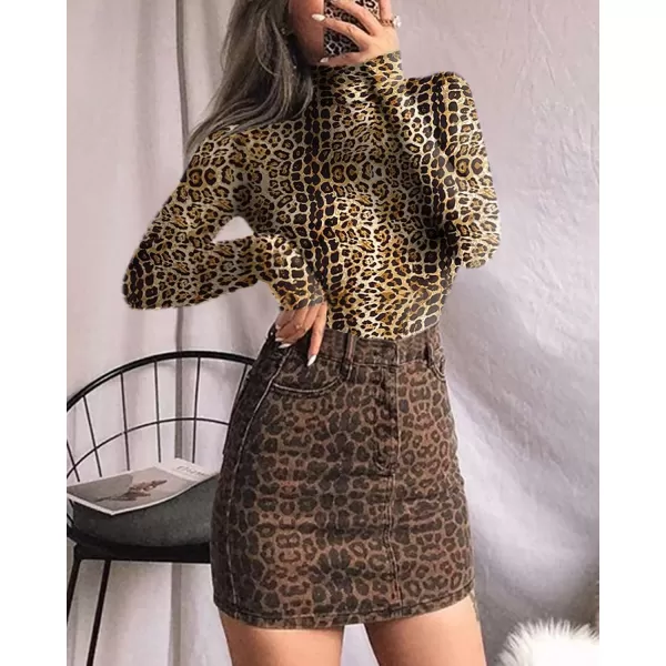 MANGOPOP Womens Mock Turtle Neck Long Sleeve Tops Bodysuit JumpsuitLong Sleeve 3leopard