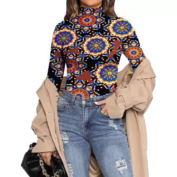 MANGOPOP Womens Mock Turtle Neck Long Sleeve Tops Bodysuit JumpsuitLong Sleeve 3mandala