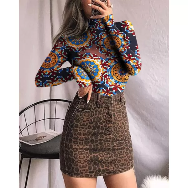 MANGOPOP Womens Mock Turtle Neck Long Sleeve Tops Bodysuit JumpsuitLong Sleeve 3mandala