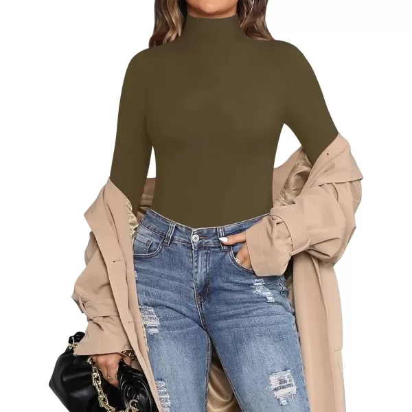 MANGOPOP Womens Mock Turtle Neck Long Sleeve Tops Bodysuit JumpsuitLong Sleeve Army Green