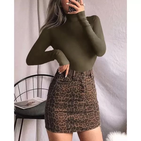 MANGOPOP Womens Mock Turtle Neck Long Sleeve Tops Bodysuit JumpsuitLong Sleeve Army Green