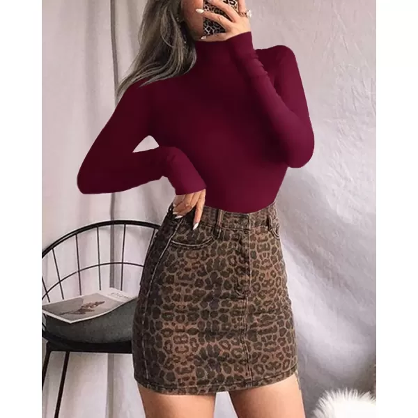 MANGOPOP Womens Mock Turtle Neck Long Sleeve Tops Bodysuit JumpsuitLong Sleeve Burgundy