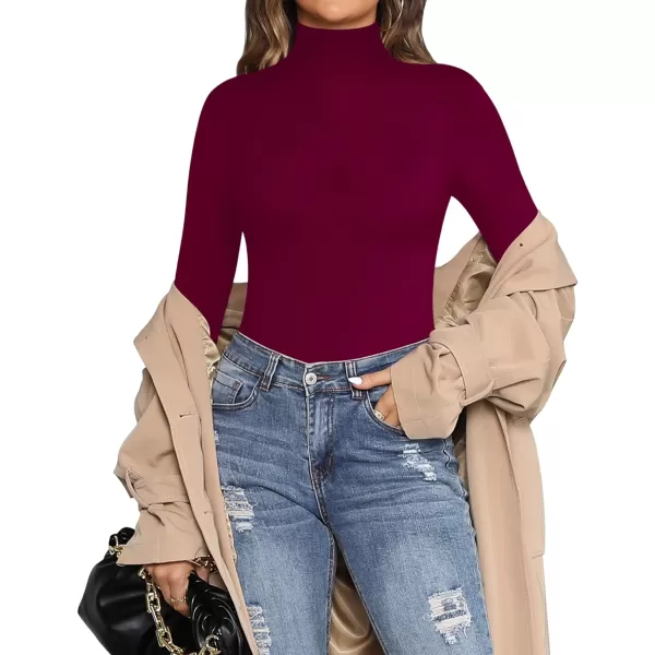 MANGOPOP Womens Mock Turtle Neck Long Sleeve Tops Bodysuit JumpsuitLong Sleeve Burgundy