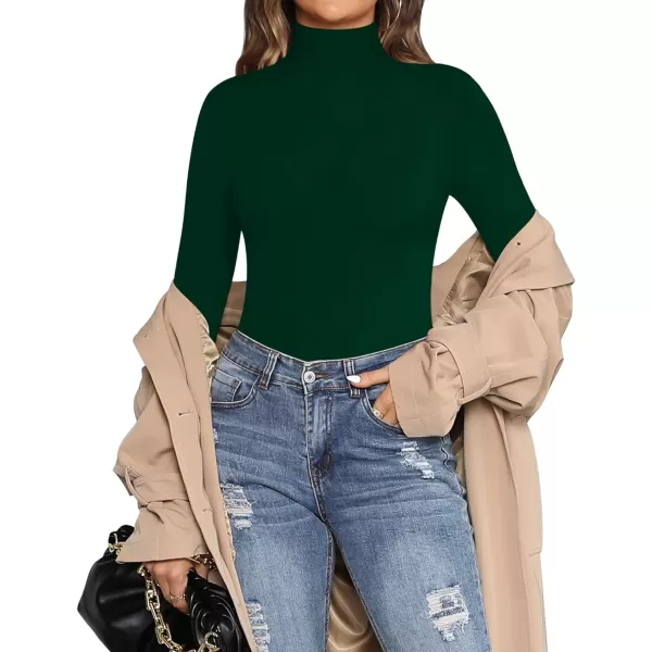 MANGOPOP Womens Mock Turtle Neck Long Sleeve Tops Bodysuit JumpsuitLong Sleeve Deep Green