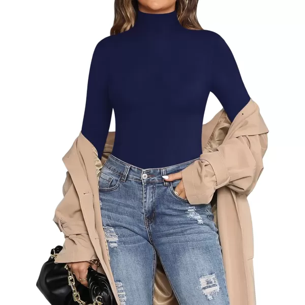 MANGOPOP Womens Mock Turtle Neck Long Sleeve Tops Bodysuit JumpsuitLong Sleeve Navy Blue