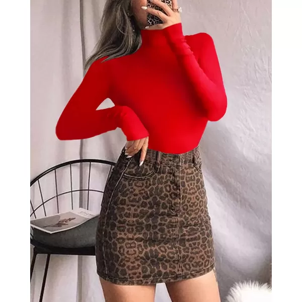 MANGOPOP Womens Mock Turtle Neck Long Sleeve Tops Bodysuit JumpsuitLong Sleeve Red