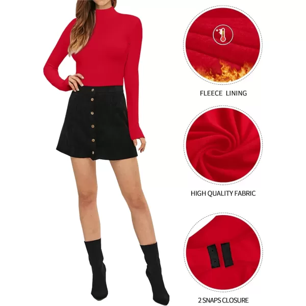 MANGOPOP Womens Mock Turtle Neck Long Sleeve Tops Bodysuit JumpsuitLong Sleeve Red Fleece Lined