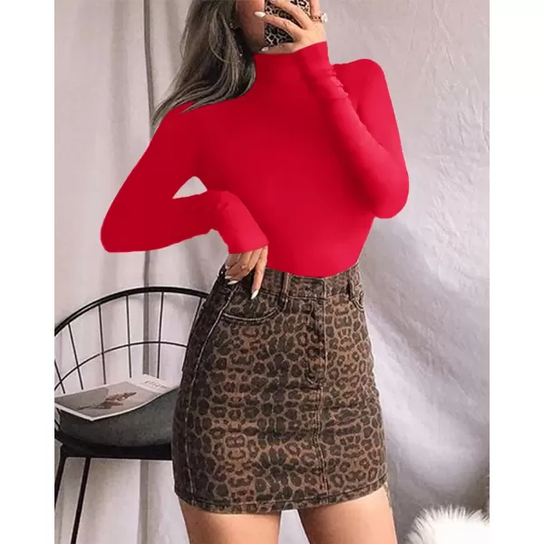 MANGOPOP Womens Mock Turtle Neck Long Sleeve Tops Bodysuit JumpsuitLong Sleeve Red Fleece Lined