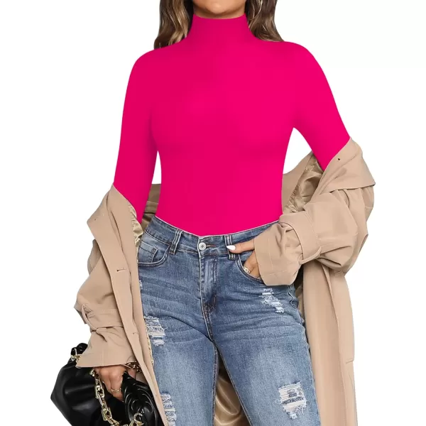 MANGOPOP Womens Mock Turtle Neck Long Sleeve Tops Bodysuit JumpsuitLong Sleeve Rose Pink