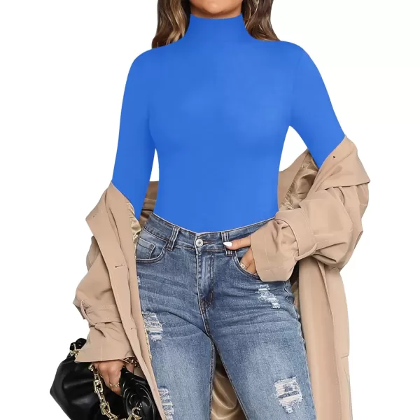 MANGOPOP Womens Mock Turtle Neck Long Sleeve Tops Bodysuit JumpsuitLong Sleeve Royal Blue