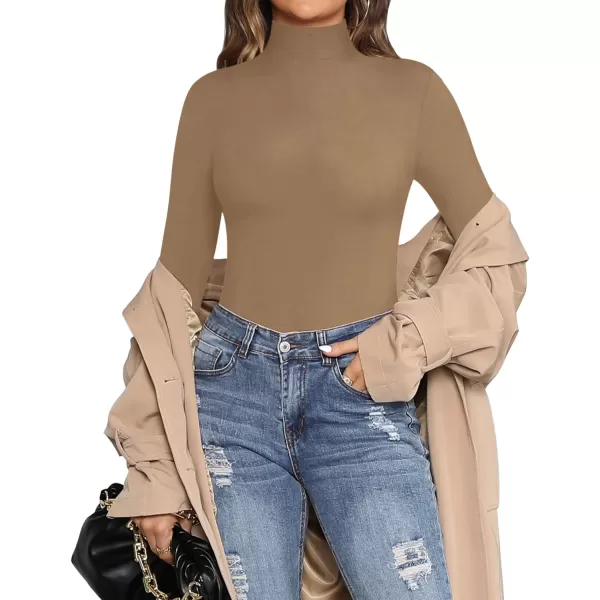 MANGOPOP Womens Mock Turtle Neck Long Sleeve Tops Bodysuit JumpsuitLong Sleeve Tan