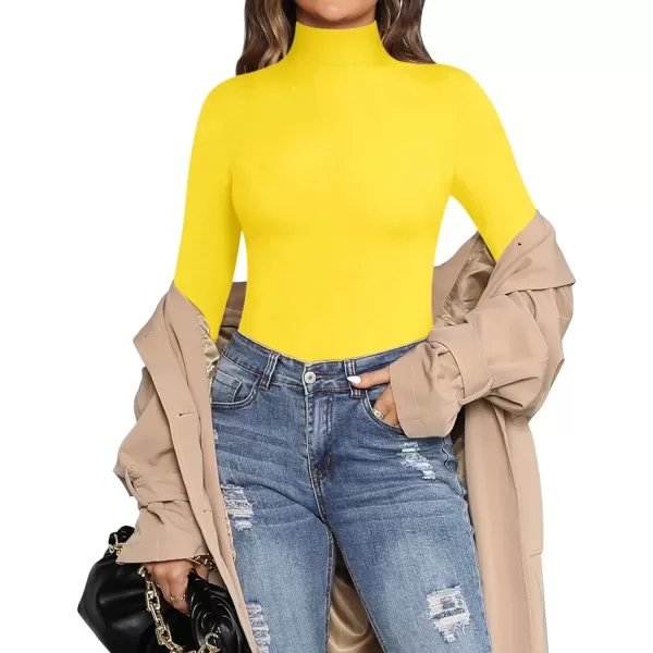 MANGOPOP Womens Mock Turtle Neck Long Sleeve Tops Bodysuit JumpsuitLong Sleeve Yellow