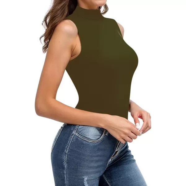 MANGOPOP Womens Mock Turtle Neck Sleeveless Tank TopsShort Sleeve Bodysuit Leotard ClothingSleeveless Army Green