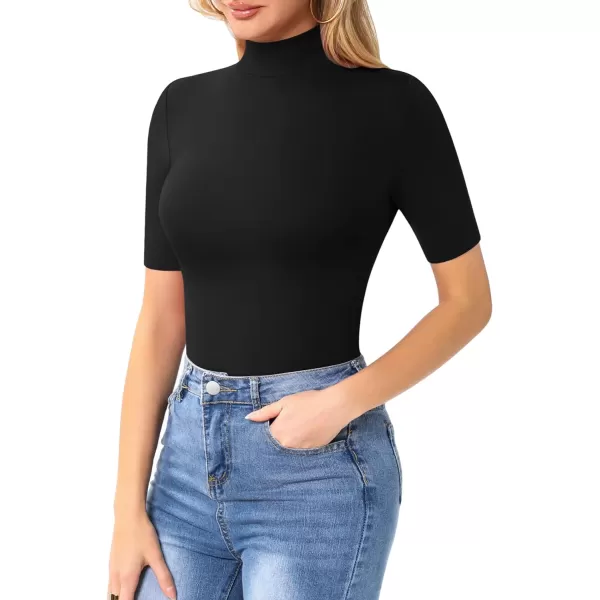 MANGOPOP Womens Mock Turtle Neck Slim Fit Long Half Short Sleeve T Shirt Tight Tops TeeB Half Sleeve Black