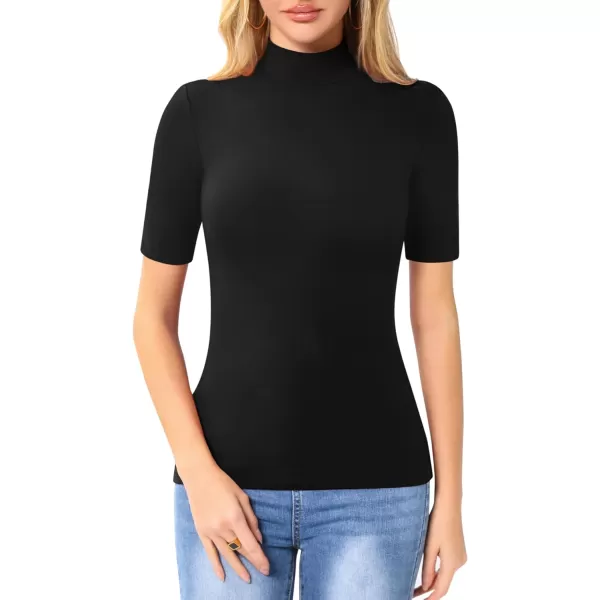 MANGOPOP Womens Mock Turtle Neck Slim Fit Long Half Short Sleeve T Shirt Tight Tops TeeB Half Sleeve Black