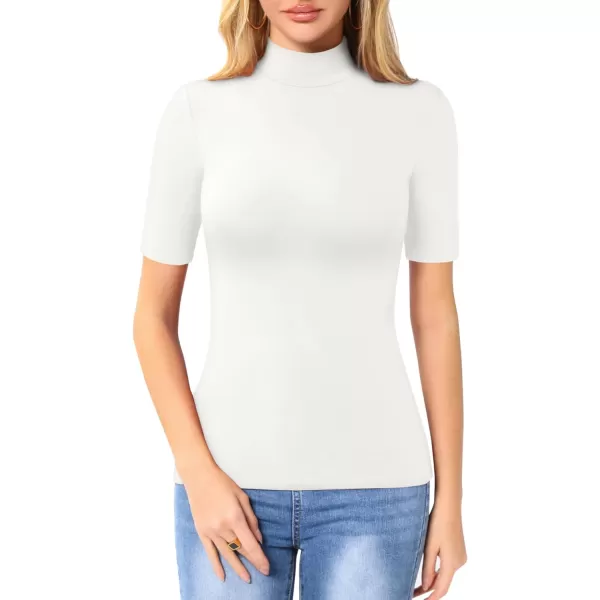 MANGOPOP Womens Mock Turtle Neck Slim Fit Long Half Short Sleeve T Shirt Tight Tops TeeB Half Sleeve White