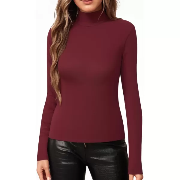 MANGOPOP Womens Mock Turtle Neck Slim Fit Long Half Short Sleeve T Shirt Tight Tops TeeD Long Sleeve Burgundy