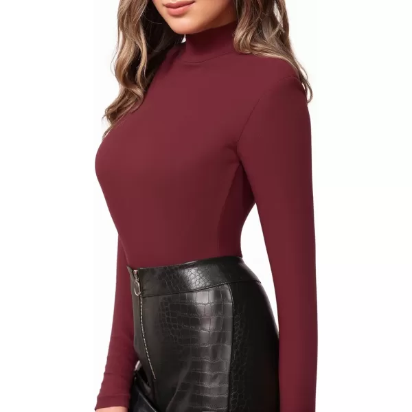 MANGOPOP Womens Mock Turtle Neck Slim Fit Long Half Short Sleeve T Shirt Tight Tops TeeD Long Sleeve Burgundy