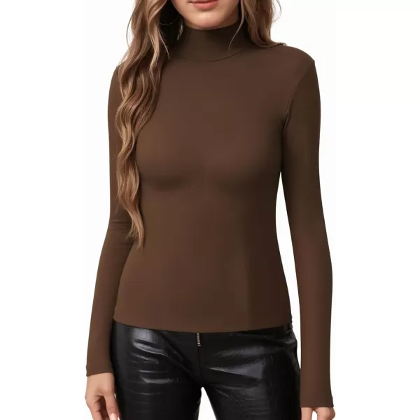 MANGOPOP Womens Mock Turtle Neck Slim Fit Long Half Short Sleeve T Shirt Tight Tops TeeD Long Sleeve Coffee