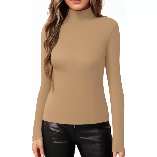 MANGOPOP Womens Mock Turtle Neck Slim Fit Long Half Short Sleeve T Shirt Tight Tops TeeD Long Sleeve Mocha