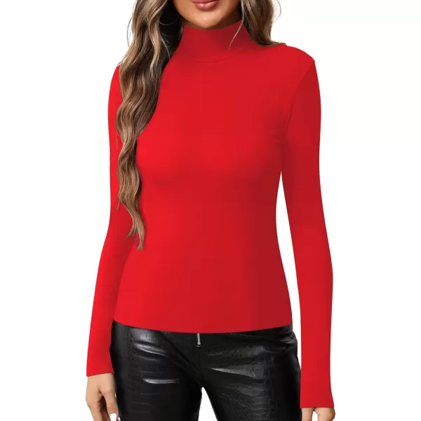 MANGOPOP Womens Mock Turtle Neck Slim Fit Long Half Short Sleeve T Shirt Tight Tops TeeD Long Sleeve Red