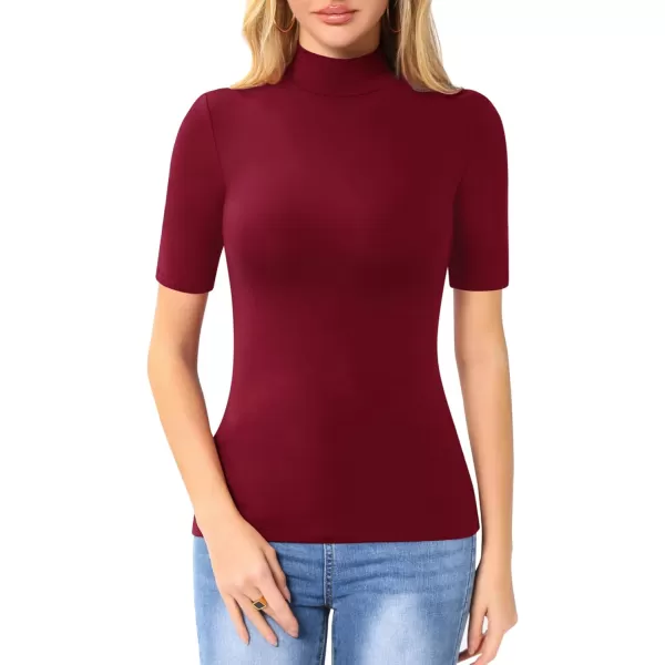 MANGOPOP Womens Mock Turtle Neck Slim Fit Long Half Short Sleeve T Shirt Tight Tops TeeHalf Sleeve Burgundy