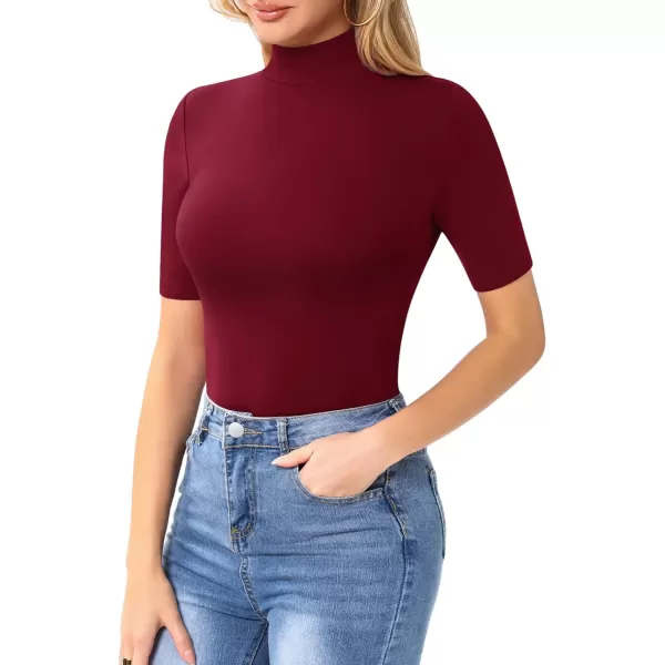 MANGOPOP Womens Mock Turtle Neck Slim Fit Long Half Short Sleeve T Shirt Tight Tops TeeHalf Sleeve Burgundy