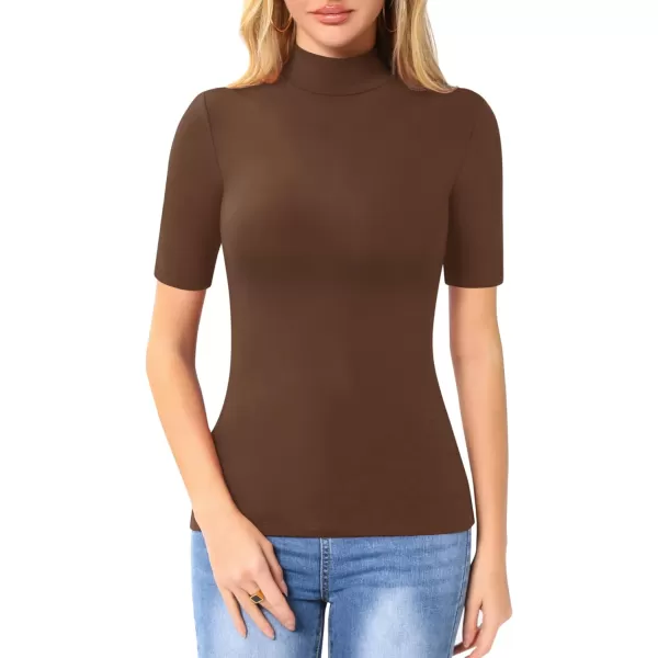 MANGOPOP Womens Mock Turtle Neck Slim Fit Long Half Short Sleeve T Shirt Tight Tops TeeHalf Sleeve Coffee