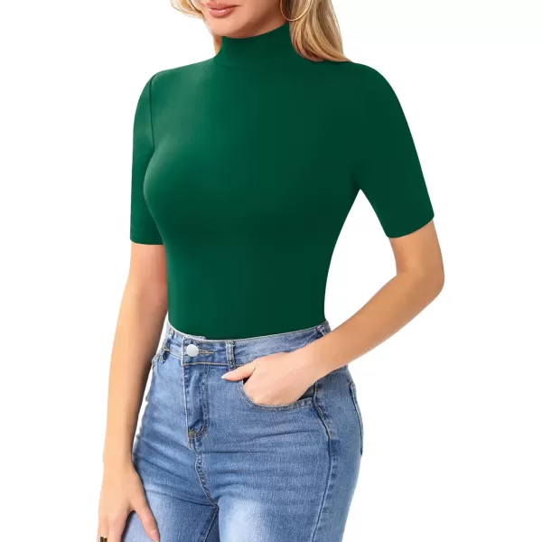 MANGOPOP Womens Mock Turtle Neck Slim Fit Long Half Short Sleeve T Shirt Tight Tops TeeHalf Sleeve Green