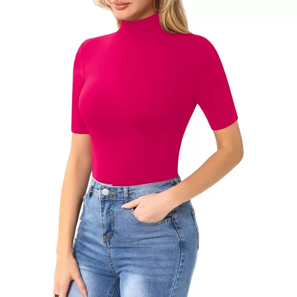 MANGOPOP Womens Mock Turtle Neck Slim Fit Long Half Short Sleeve T Shirt Tight Tops TeeHalf Sleeve Hot Pink