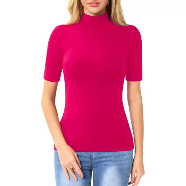 MANGOPOP Womens Mock Turtle Neck Slim Fit Long Half Short Sleeve T Shirt Tight Tops TeeHalf Sleeve Hot Pink