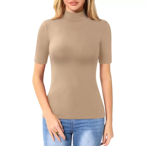 MANGOPOP Womens Mock Turtle Neck Slim Fit Long Half Short Sleeve T Shirt Tight Tops TeeHalf Sleeve Mocha