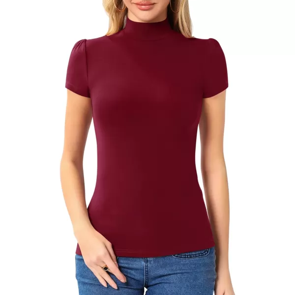 MANGOPOP Womens Mock Turtle Neck Slim Fit Long Half Short Sleeve T Shirt Tight Tops TeeShort Sleeve Burgundy