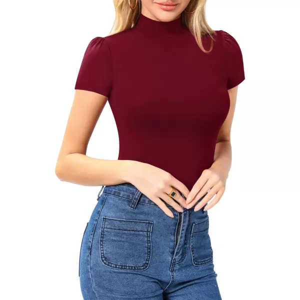 MANGOPOP Womens Mock Turtle Neck Slim Fit Long Half Short Sleeve T Shirt Tight Tops TeeShort Sleeve Burgundy