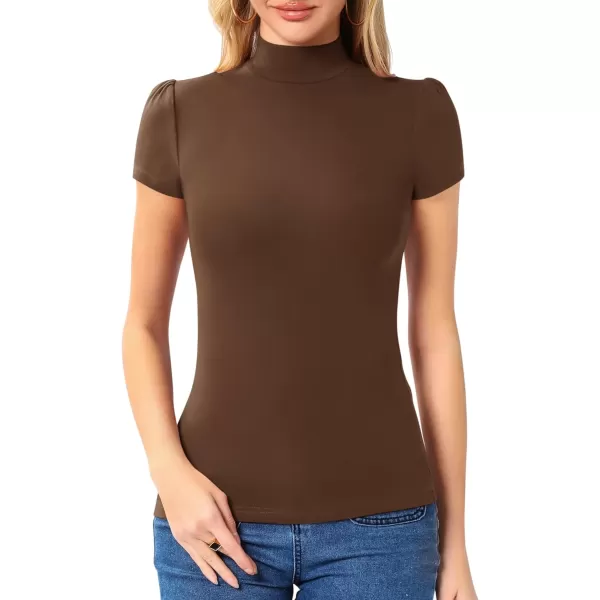 MANGOPOP Womens Mock Turtle Neck Slim Fit Long Half Short Sleeve T Shirt Tight Tops TeeShort Sleeve Coffee