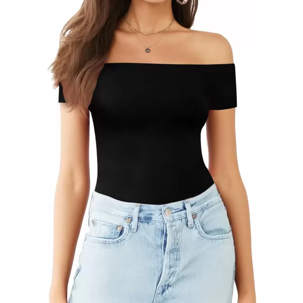 MANGOPOP Womens Off Shoulder Short Sleeve Long Sleeve Tops T Shirt Bodysuit JumpsuitB Short Sleeve Black