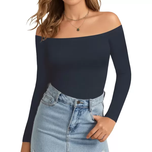 MANGOPOP Womens Off Shoulder Short Sleeve Long Sleeve Tops T Shirt Bodysuit JumpsuitDeep Blue