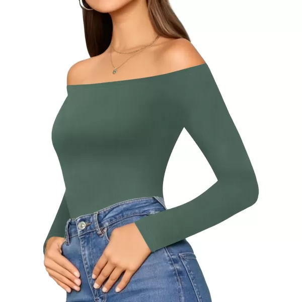 MANGOPOP Womens Off Shoulder Short Sleeve Long Sleeve Tops T Shirt Bodysuit JumpsuitGrayish Green