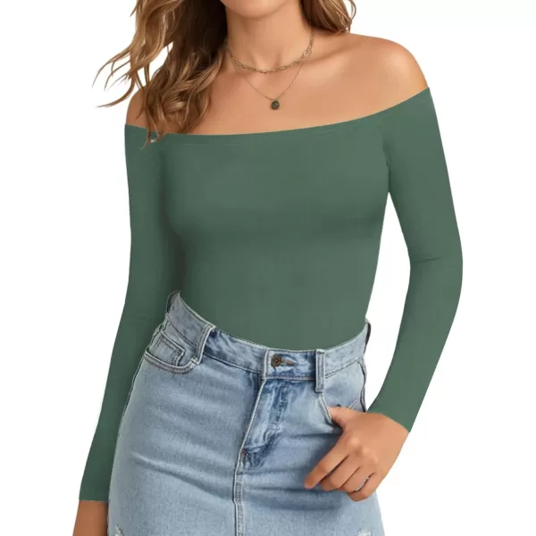 MANGOPOP Womens Off Shoulder Short Sleeve Long Sleeve Tops T Shirt Bodysuit JumpsuitGrayish Green