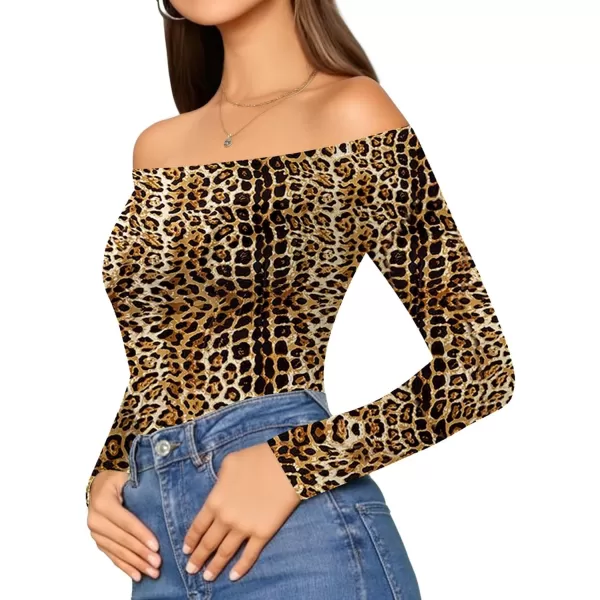 MANGOPOP Womens Off Shoulder Short Sleeve Long Sleeve Tops T Shirt Bodysuit JumpsuitLong Sleeve 3leopard