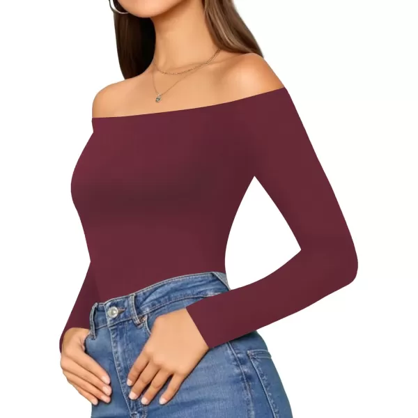 MANGOPOP Womens Off Shoulder Short Sleeve Long Sleeve Tops T Shirt Bodysuit JumpsuitLong Sleeve Burgundy