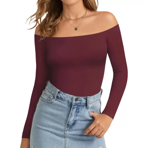 MANGOPOP Womens Off Shoulder Short Sleeve Long Sleeve Tops T Shirt Bodysuit JumpsuitLong Sleeve Burgundy