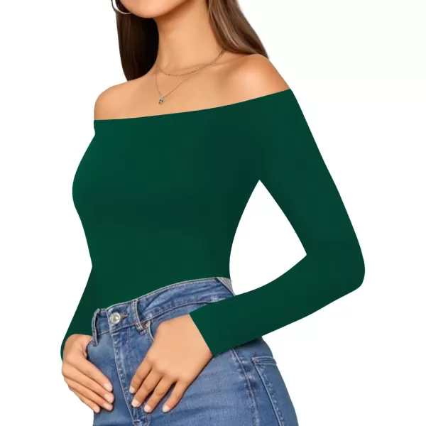 MANGOPOP Womens Off Shoulder Short Sleeve Long Sleeve Tops T Shirt Bodysuit JumpsuitLong Sleeve Deep Green