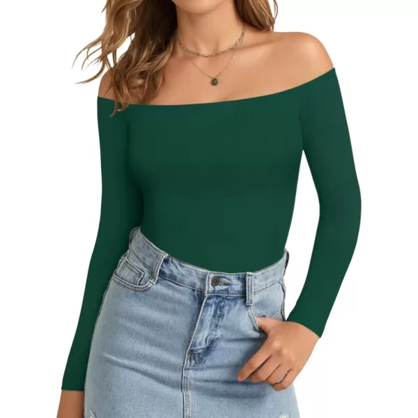 MANGOPOP Womens Off Shoulder Short Sleeve Long Sleeve Tops T Shirt Bodysuit JumpsuitLong Sleeve Deep Green