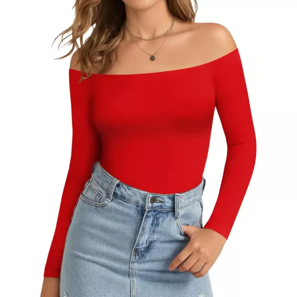 MANGOPOP Womens Off Shoulder Short Sleeve Long Sleeve Tops T Shirt Bodysuit JumpsuitLong Sleeve Red